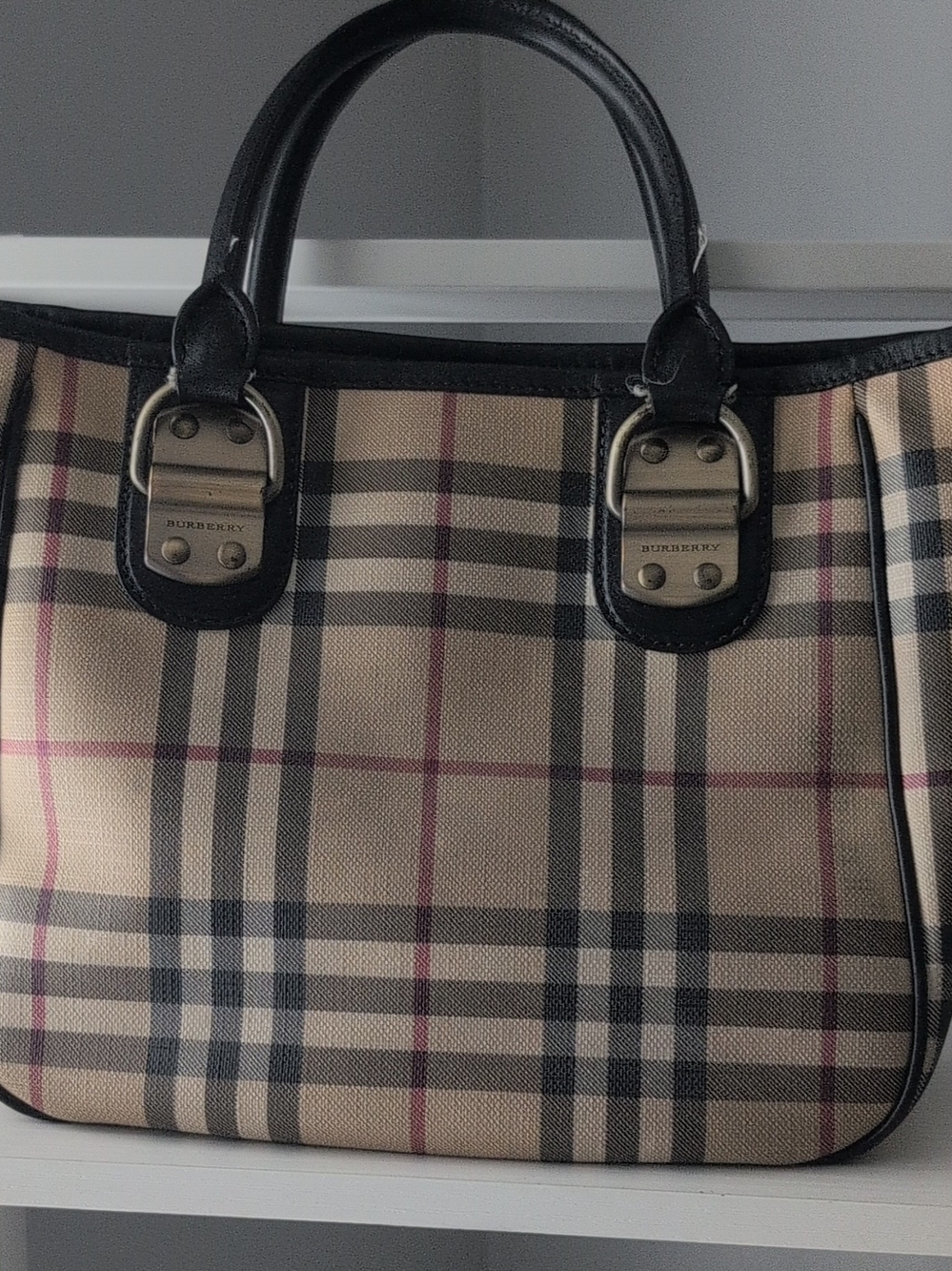 Burberry Beige Check Canvas Tote with Black Leather Trim